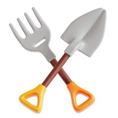Two gardening tools, a fork and a shovel, are shown side by side. Concept of organization and preparedness for gardening tasks