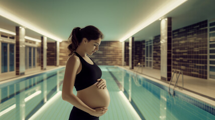 A pregnant woman in a black sports bra standing by an indoor swimming pool.