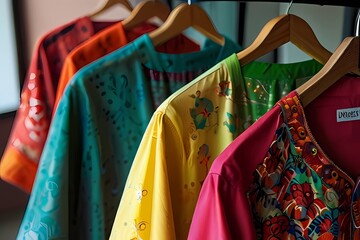 Closeup of colorful ladies kurtas hanging
