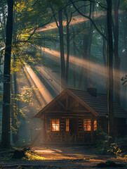 A wooden cottage in a forest in the morning under the sun's rays