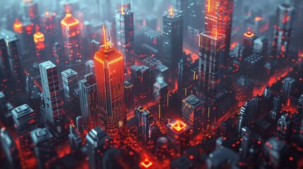 The image shows a city with skyscrapers. The buildings are illuminated by a red light. The sky is dark.