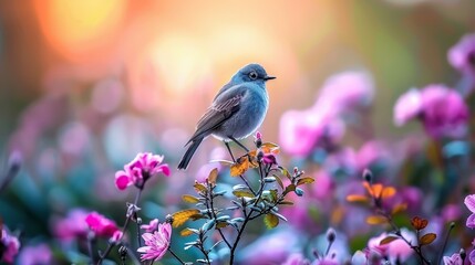  A blue bird perches on apurple flower-laden branch in a field of pink and purple blooms Sunlight filters through the sky behind