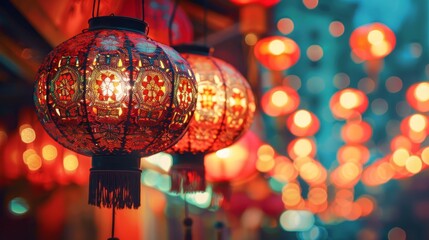  A group of lights suspended from a room's ceiling, adorned with numerous lights hanging above