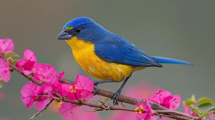  A blue-and-yellow bird perches on a tree branch, surrounded by pink flowers in the foreground The background softly features a blur of pink blooms