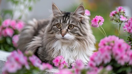  A gray-and-white feline sits in a flower pot, surrounded by pink blooms in the foreground Background consists of pink and white blossoms, subtly out of