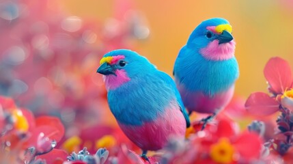  A few birds perch atop a vibrant field of lush green and red blooms The heart of this image showcases a blurred cluster of pink, yellow, and blue flowers