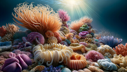 Obraz premium Ein fantastisches Unterwasser-Fantasiekunstwerk, das eine farbenfrohe und imaginative Korallenlandschaft darstellt. Mit lebhaften, geschwungenen Formen in Pastellfarben, wunderschön und filigran 