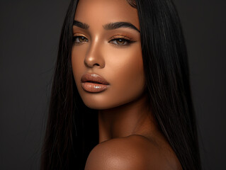 A beautiful black woman with smokey light makeup and black hair