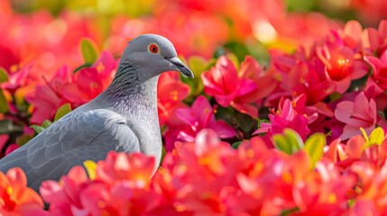  A tight shot of a bird amidst a flower bed, sporting red and yellow blooms in the foreground The central figure is a gray avian with a vivid red eye