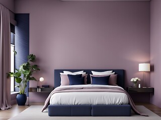 Premium mauve pink, lilac, and blue bedroom in a hotel or home with a big bed, dark navy bedding, empty background for art or wallpaper, painted wall, and decorative mirrors, 3D render

