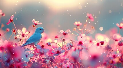  A blue bird atop a lush green field, teeming with pink and white daisies