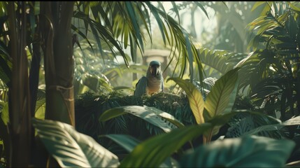  A bird atop a lush green forest teeming with numerous leafy plants Another bird perched high above