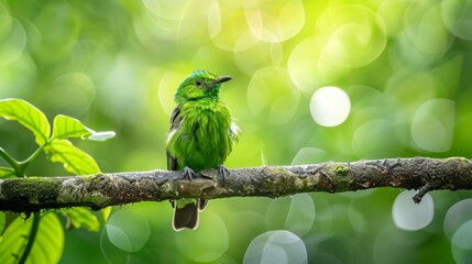  A green bird sits on a branch in front of a dense green foliage of leaves