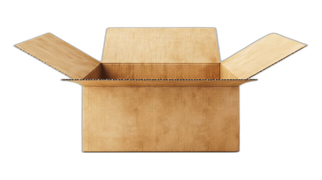 A large open cardboard box with flaps spread out, cut out against a white isolated background