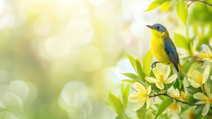  A blue-and-yellow bird sits on a tree branch, surrounded by yellow flowers in the foreground Background consists of blurred green leaves and yellow flowers