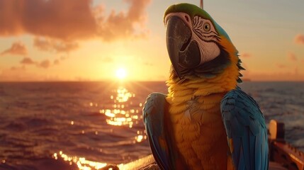  A parrot, colored blue and yellow, perches atop a boat Behind it, the sun sets over the ocean, casting an orange glow on the water's surface - Powered by Adobe