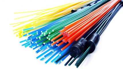 Bright spectrum of fiber optic cables on a white background
