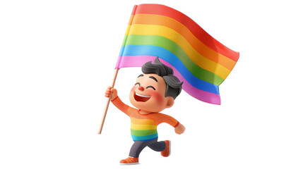 A 3D cartoon character waving an LGBT pride flag with a joyful expression, cut out and isolated on a white background
