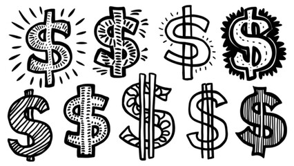 Collection of Vector Doodle Dollar Signs in Various Styles, Creative Hand-Drawn Currency Symbols