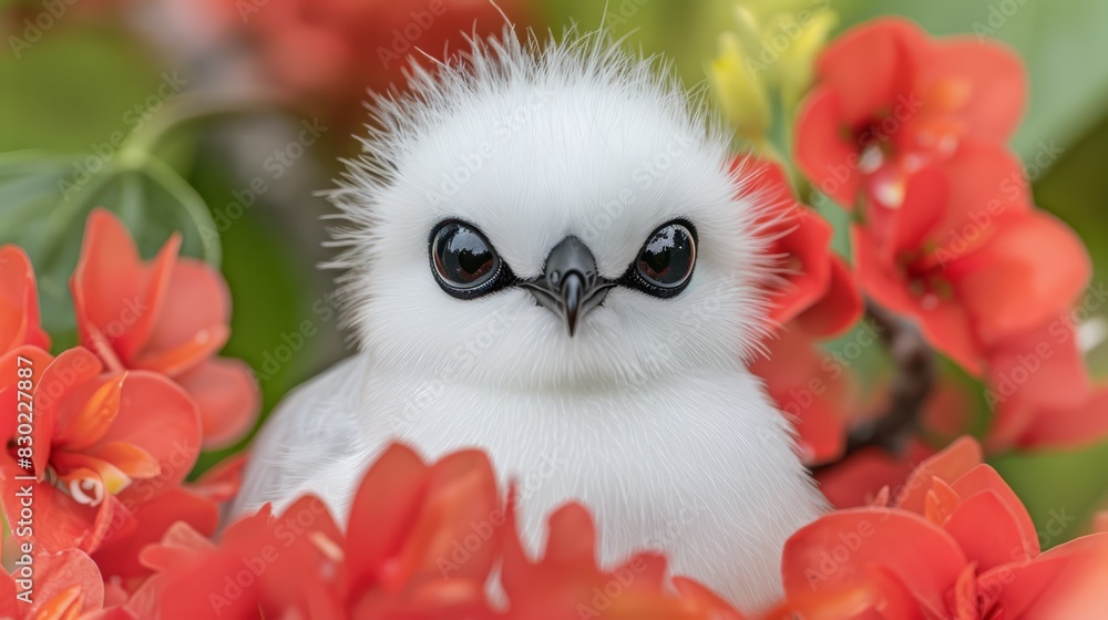 Wall mural a tight shot of a small white bird with black beady eyes, nestled among a foreground of vibrant flow