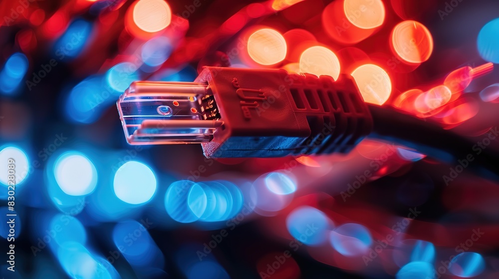 Poster high speed data transfer: ethernet cables connected to network switch illuminated by light