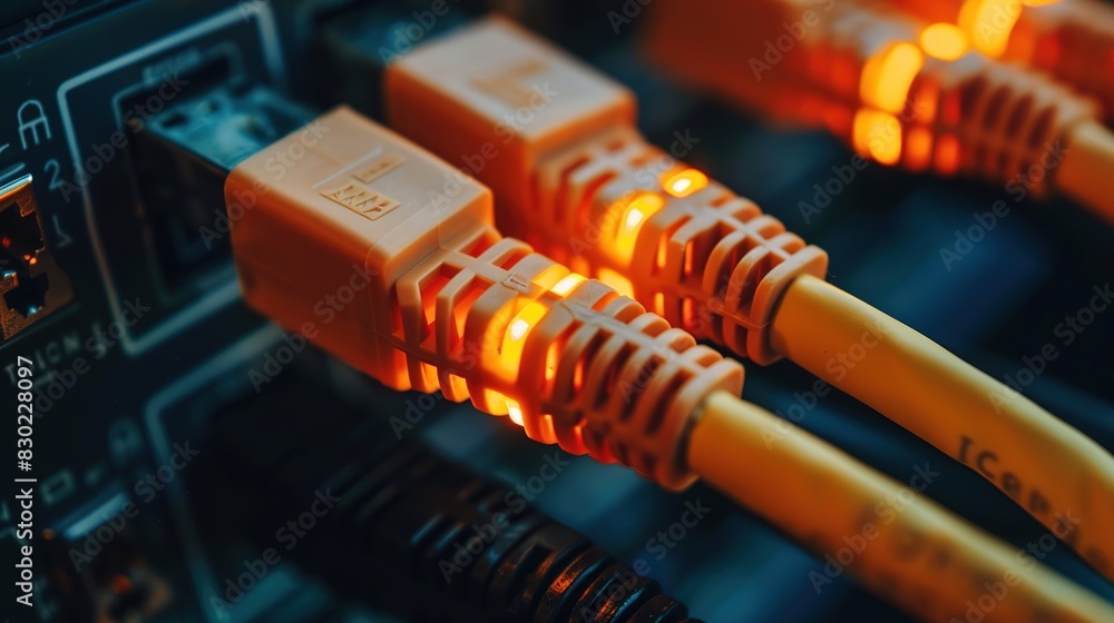 Poster high speed data transfer: ethernet cables connected to network switch illuminated by light