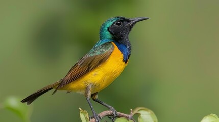 indistinct mass of green foliage; another bird, blue and yellow, joins
