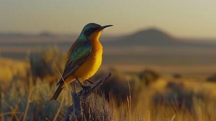  A yellow and green bird sits atop a tree branch, surrounded by a field of tall grass In the distance, a mountain stands - Powered by Adobe