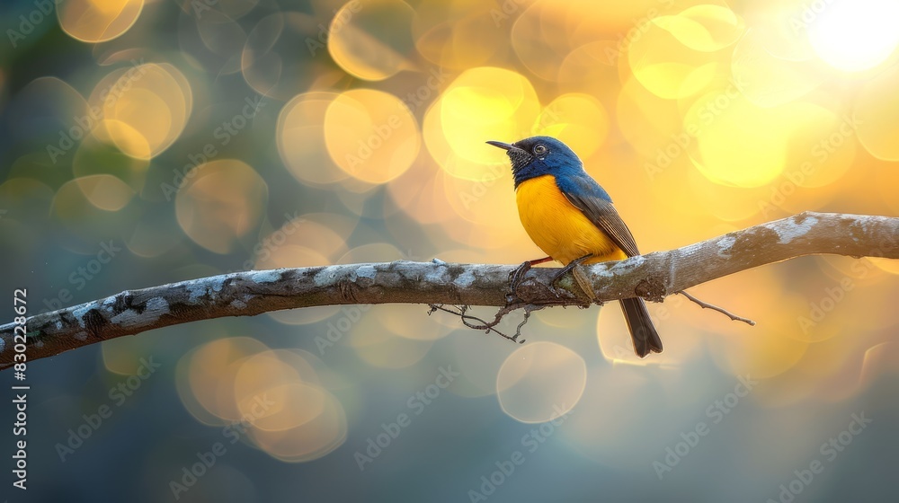 Poster  A small yellow-blue bird sits on a tree branch against a blurred backdrop of yellow and blue lights