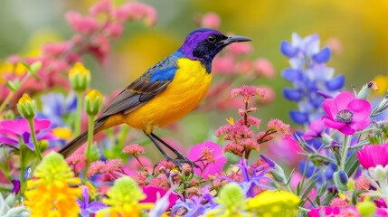  A vibrant bird perches atop a flower bed, surrounded by pink, yellow, and purple blooms Background softly blends with pink, purple, yellow, red, and purple pet