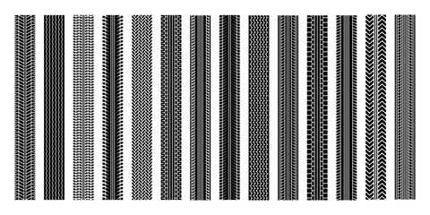 Tire tracks, wheel braking marks. Truck, car or motorcycle tread pattern silhouettes. Auto race, motorsport, speed racing design element. Vector illustration