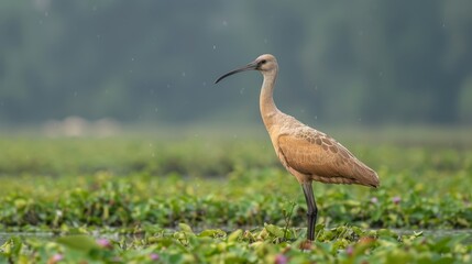  A bird stands in a swampy area, surrounded by water lilies in the foreground Behind it, a foggy sky unfolds