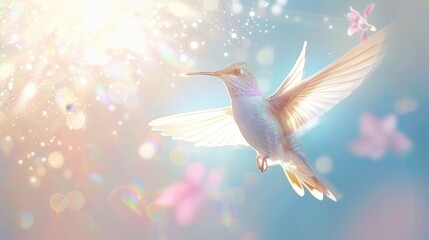  A white bird flies through the air, its back illuminated by a radiant light, against a backdrop of a blue sky adorned with white and pink blooms - Powered by Adobe