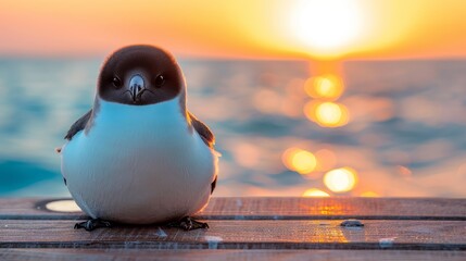  A small bird atop a wooden table near a body of water Sunset background Another bird sits separately on the table - Powered by Adobe