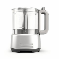 Aluminum food processor with a brushed finish handle, isolated solid white background