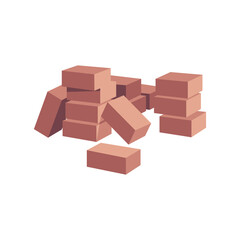 Brown clay bricks heap vector flat illustration, construction materials, rectangle building units, stacked blocks pile