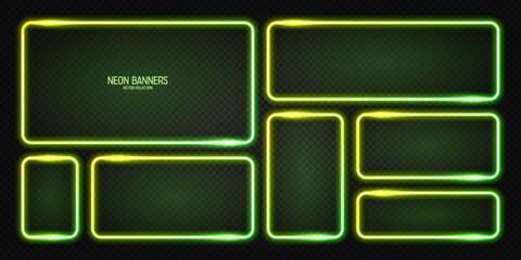 Glowing neon banners, illuminated colorful square frames. Shiny vibrant border, glow effect. Green vintage retro lights, night illumination. Modern futuristic UI design elements. Vector illustration
