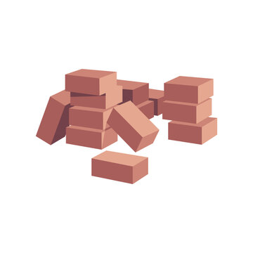 Brown clay bricks heap vector flat illustration, construction materials, rectangle building units, stacked blocks pile