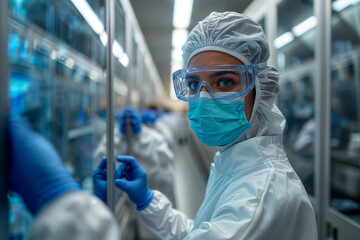 Female scientist in full protective gear working in a sterile laboratory environment, emphasizing safety, focus, and modern scientific research.