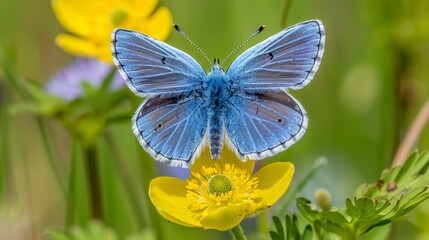  A blue butterfly atop a yellow flower Nearby, a green and yellow plant bearing yellow blooms In the foreground, yellow flowers abound Background includes yellow and purple bl