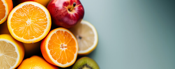 Frutas tropicais laranja e maçã, em fundo neutro
