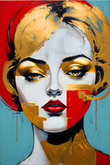 acrylic painting of a stylish woman, ultra zoomed at face, with multicolored background, book cover and wall art design concept, new style	
