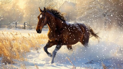 Obraz premium A Horse Playing in New Snow