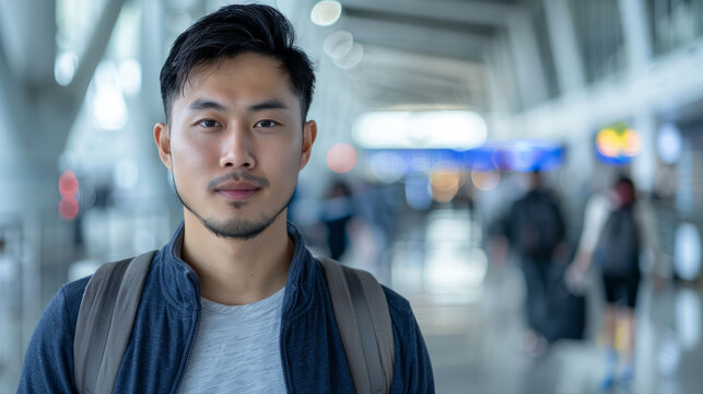 Confident young man at airport terminal. Portrait of a confident young Asian man standing in a busy airport terminal, ready for his journey.