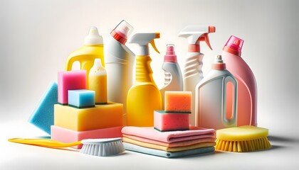 Various cleaning products, including spray bottles, sponges, and brushes, arranged together against a light background.