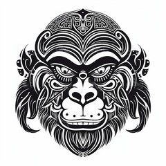 Obraz premium Tribal Monkey Face Black and White Tattoo-Inspired T-Shirt Design