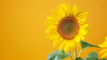 Obraz premium A large sunflower with its petals fully open against a yellow backdrop In the foreground, a green sunflower stem supports a smaller sun