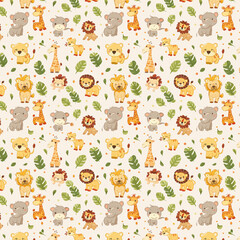 A vibrant and playful seamless pattern featuring cartoon animals like elephants, lions, giraffes, and monkeys among tropical foliage, ai