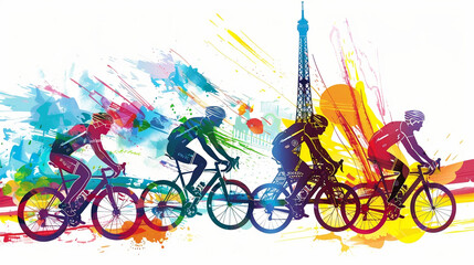 Fototapeta premium Summer Olympics games in Paris 2024. Silhouettes of cyclists against the backdrop of Eiffel Tower in a colorful vector illustration. Abstract illustration watercolour on a white isolated background.
