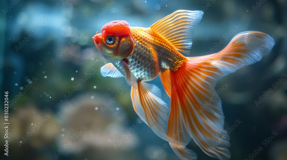 Poster close-up of a majestic goldfish with flowing fins and shimmering scales, gliding elegantly through t